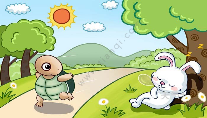 有一只乌龟和兔子赛跑,兔子很快就跑在了前面,它认为比赛很轻松,睡
