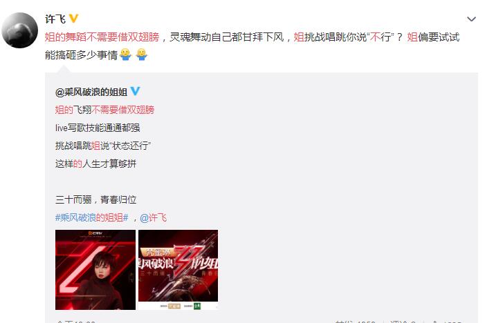 许飞喊话姐的舞蹈不需要借双翅膀是什么情况 许飞加盟《乘风破浪的姐姐》