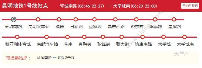 2021昆明地铁1号线路图 昆明地铁1号线站点图及运营时间