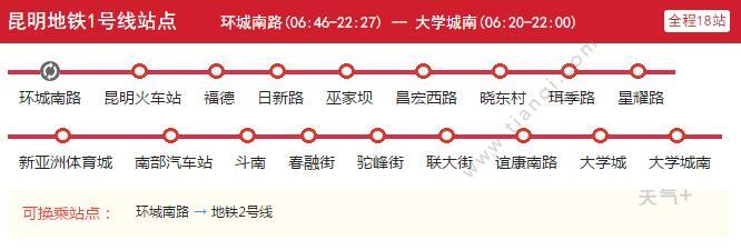 2021昆明地铁1号线路图昆明地铁1号线站点图及运营时间