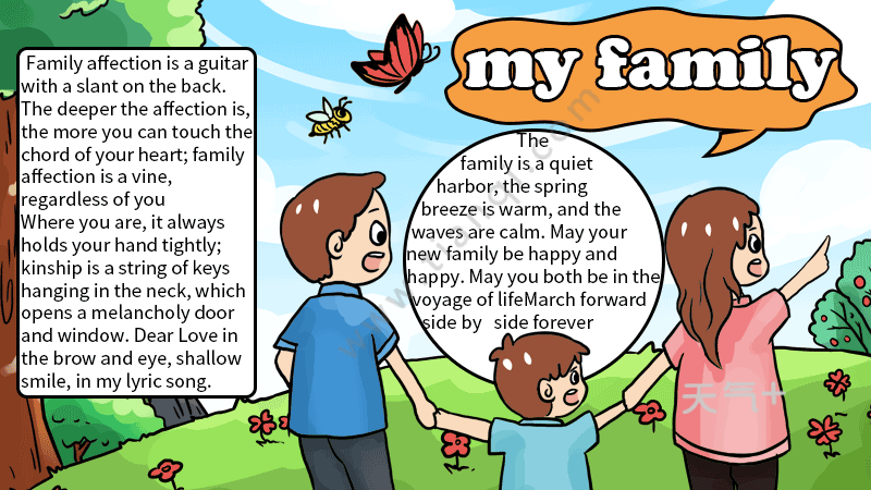 首先将标题"my family"写在右上角,标题旁画上两只蝴蝶,再在下方画上