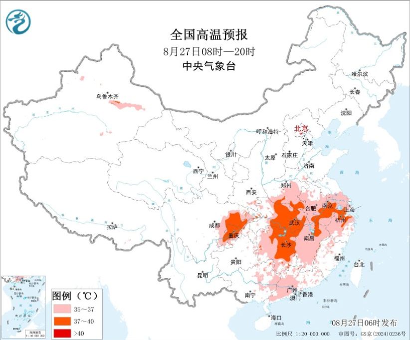 8月27日白天多地持续高温 重庆江西等局地可达40℃