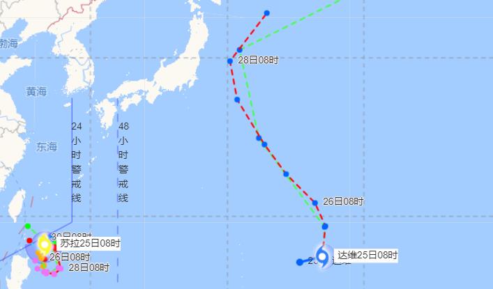 9号苏拉和10号达维双台风最新路径图 一个向台湾东部沿海靠近一个已生成