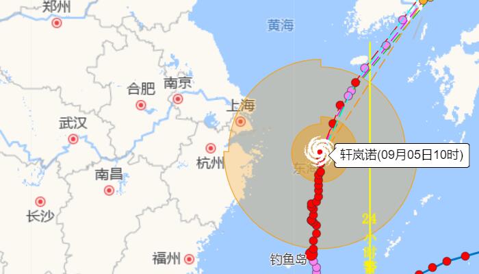 上海台风轩岚诺实时路径图：下午14时前后越过人民广场同纬度