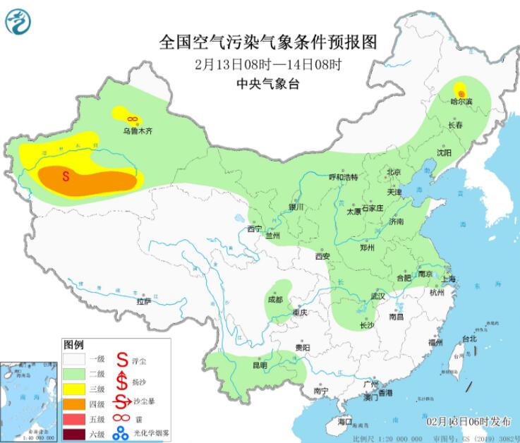 2023年2月13日环境气象预报：华北东北有霾广东福建有大雾