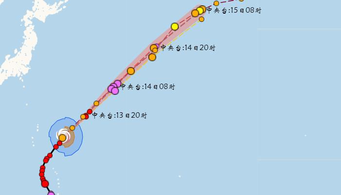 2023年15号超强台风布拉万最新路径实况:向东北方向移动强度减弱