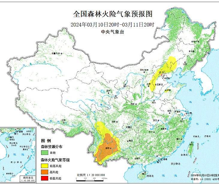 2024年3月11日森林火险气象预报：内蒙古辽宁山东等部分地区森林火险气象等级较高