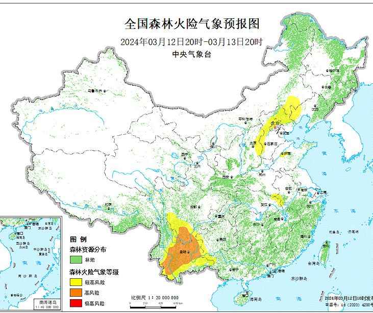 2024年3月13日森林火险气象预报：内蒙古辽宁山东等部分地区森林火险气象等级较高