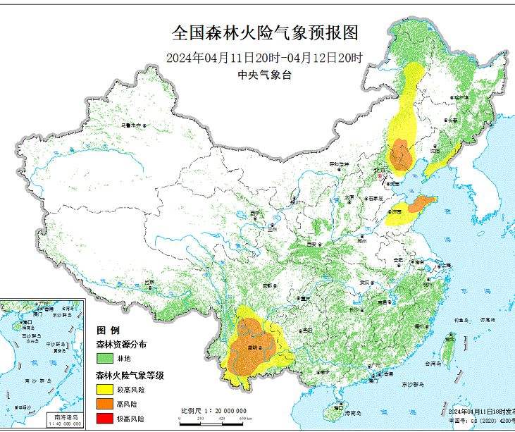 2024年4月12日森林火险气象预报：内蒙古辽宁吉林等部分地区森林火险气象等级较高