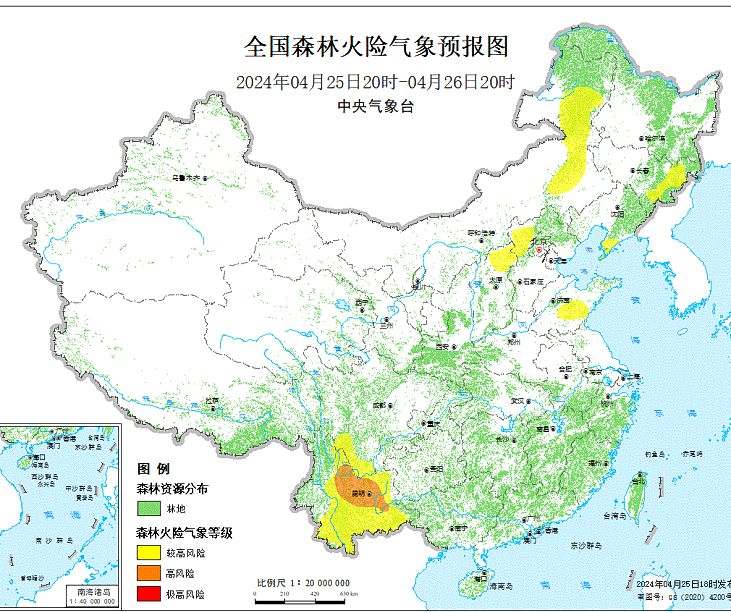 2024年4月26日森林火险气象预报：山东四川云南大部的部分地区森林火险气象等级较高