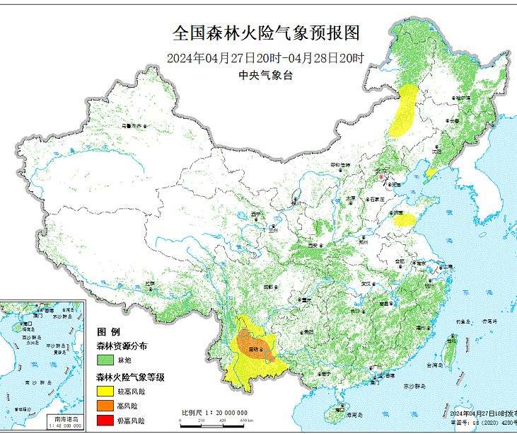 2024年4月28日森林火险气象预报：云南中北部的局部地区森林火险气象等级高